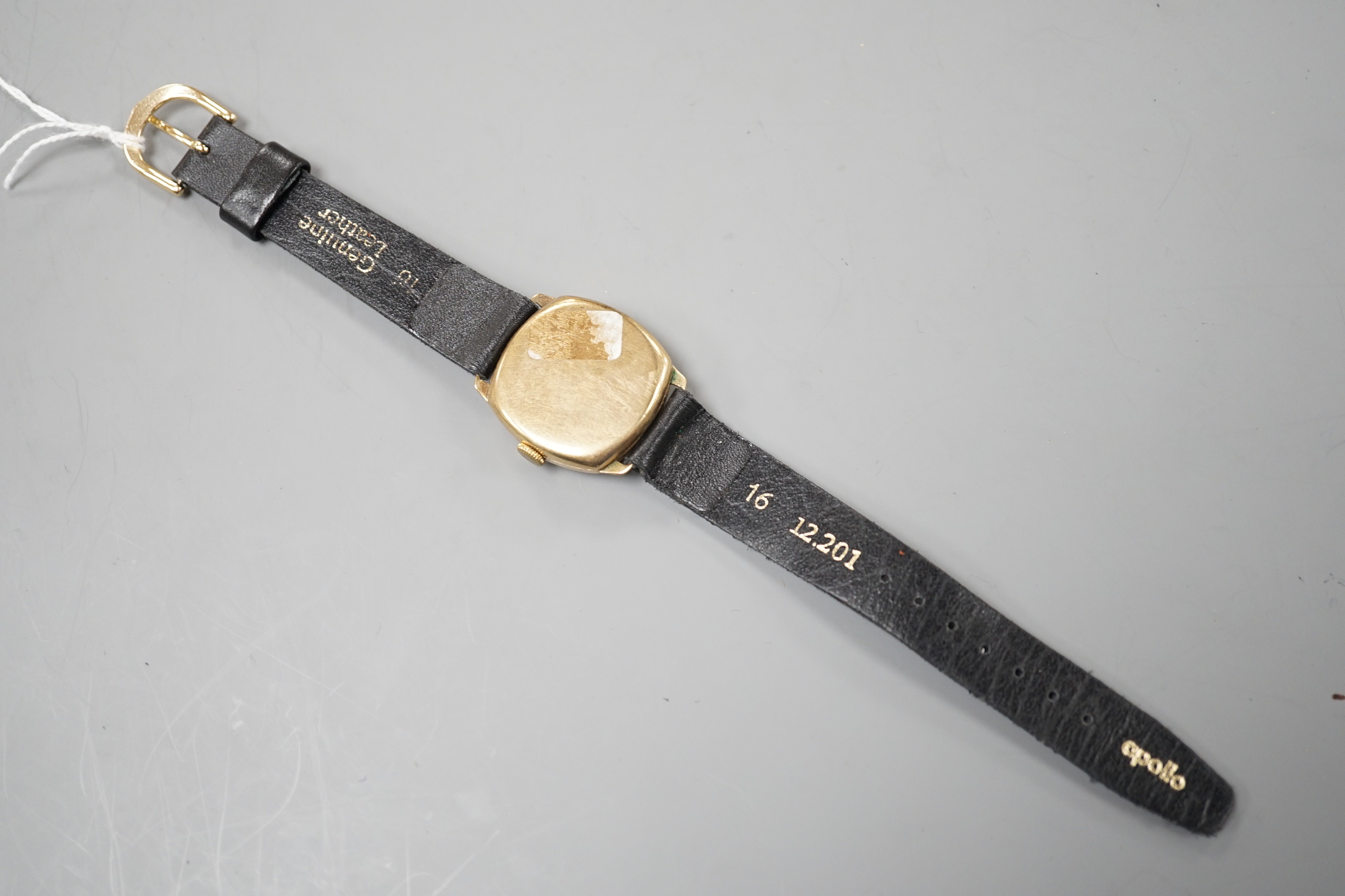 A gentleman's 1930's? 9ct gold Rotary manual wind wrist watch, on associated leather strap.